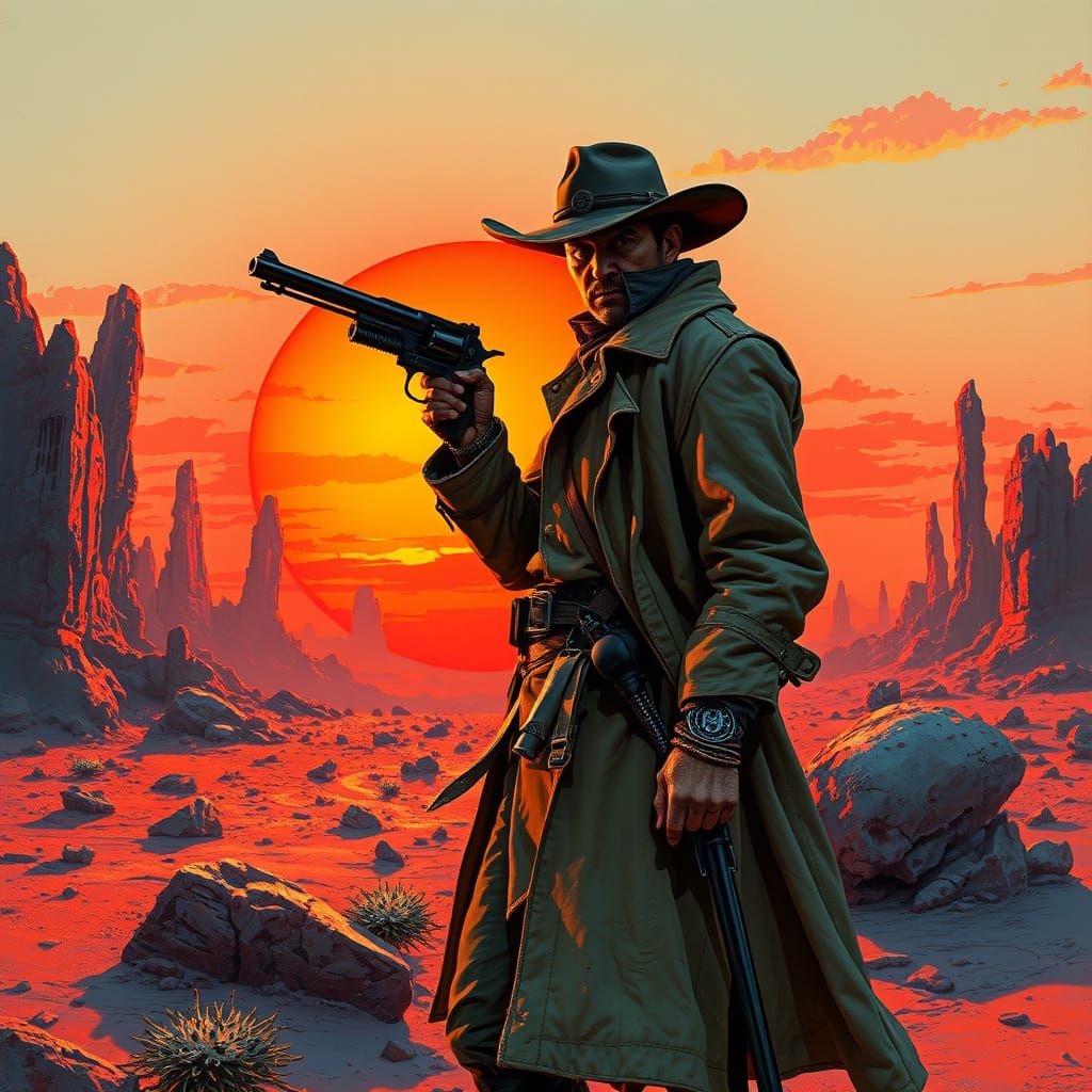 Gunslinger in Alien Desert: Frazetta, Moebius, Mead Style