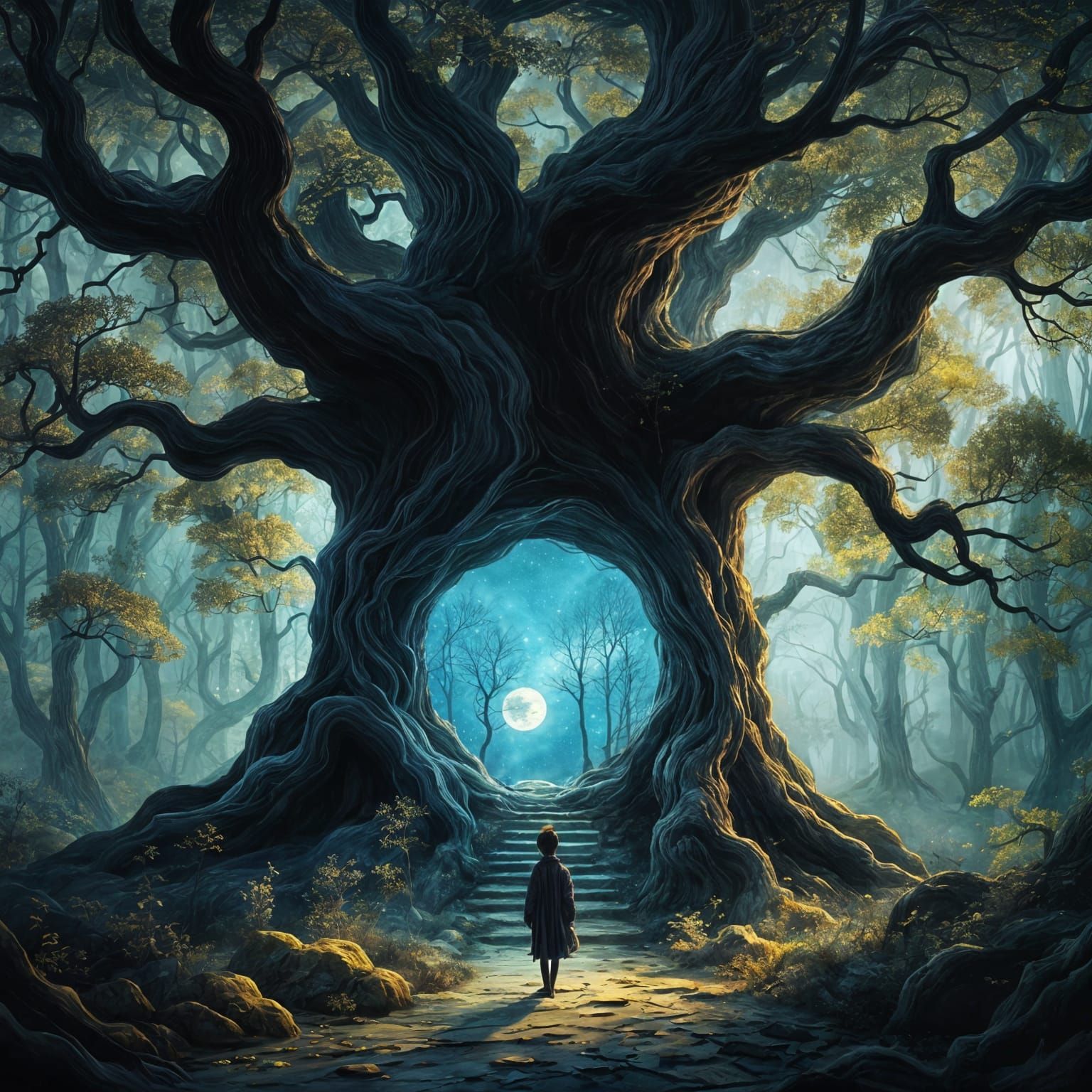 Zen Starry Forest with Gold Outlines in Chinese Watercolor S...