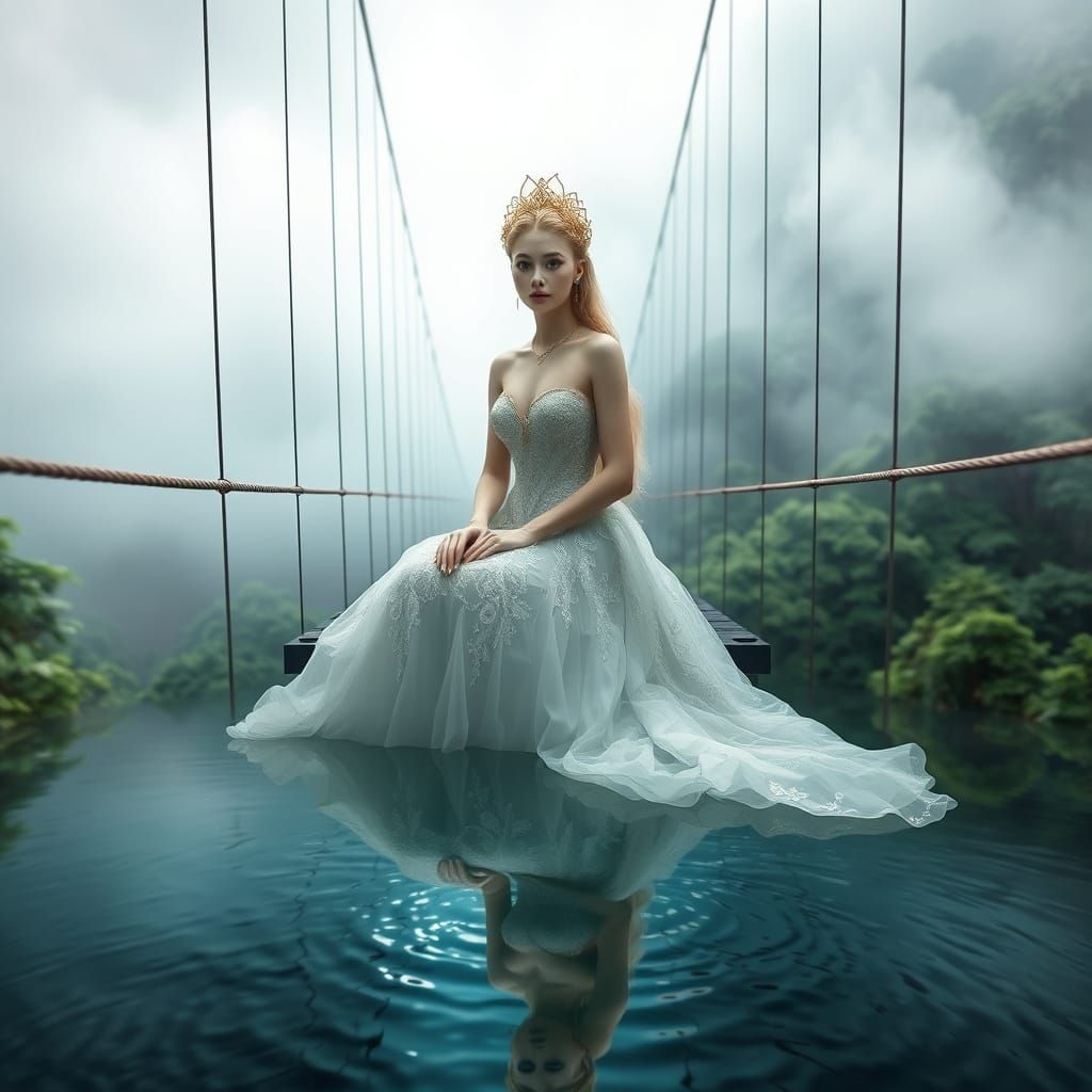 Ethereal Princess on a Misty Suspension Bridge