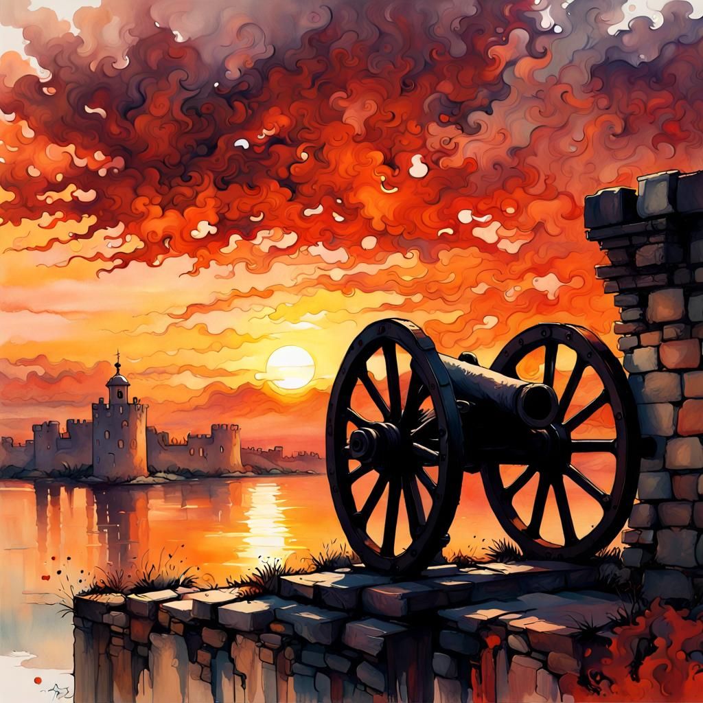 Ancient Cannon Silhouette at Sunset in Watercolor Style
