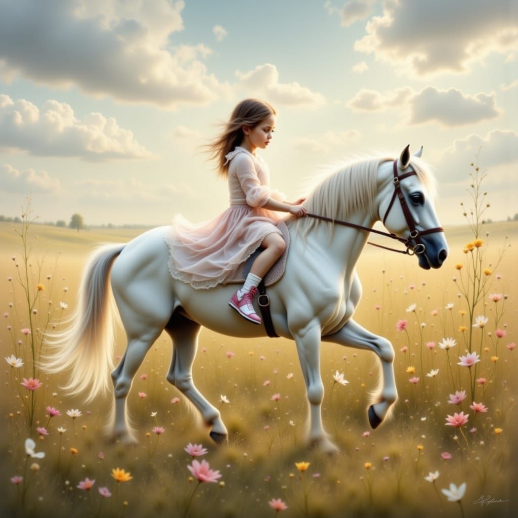 Girl on White Horse Galloping, Watercolor Style