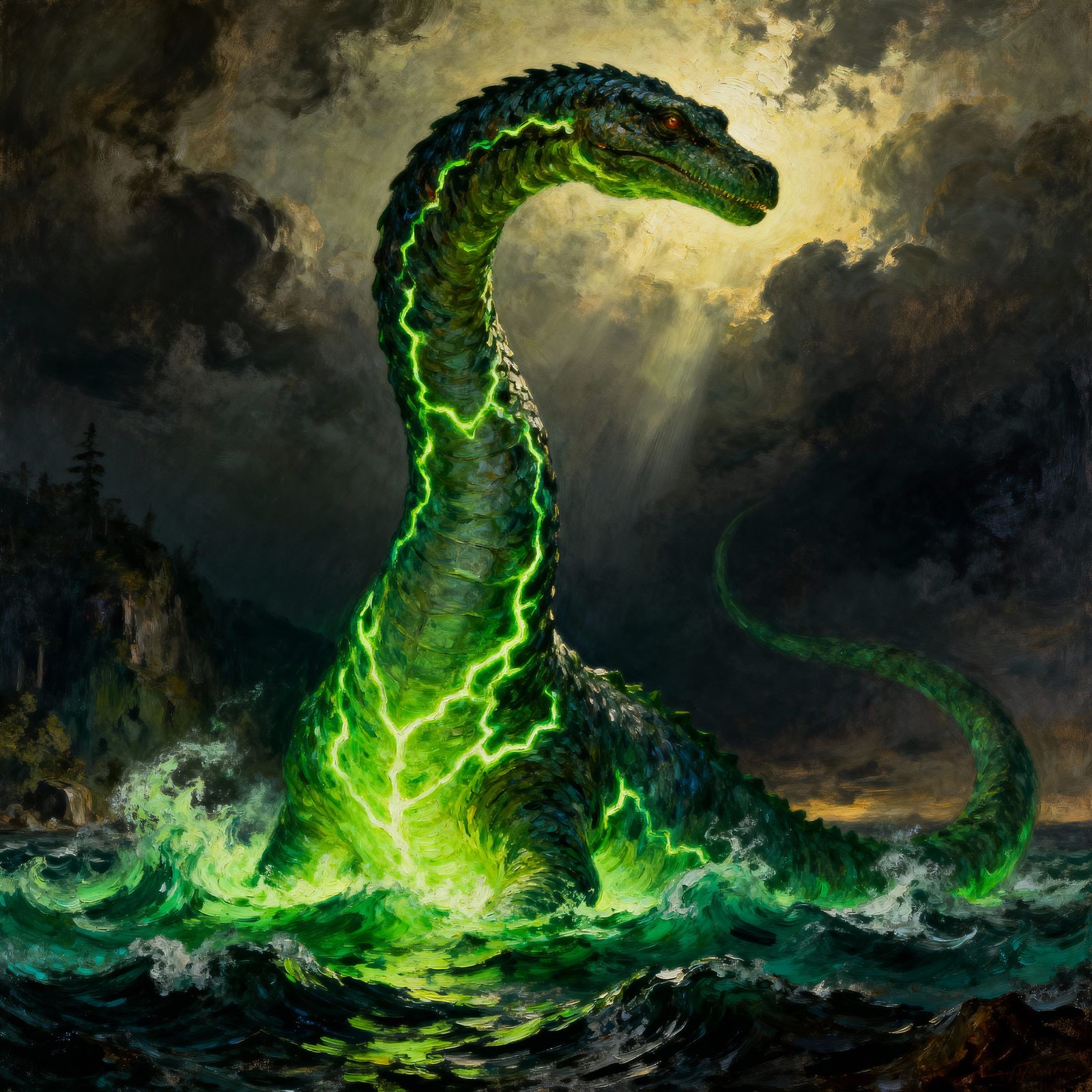 Loch Ness Monster Glowing with Kryptonite in Vivid Oil Paint...