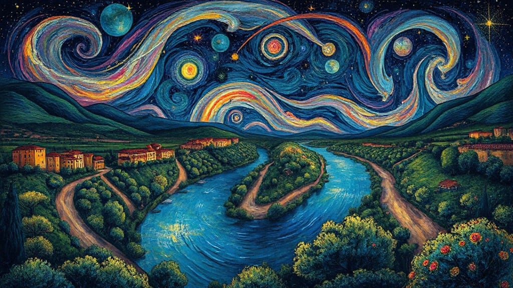 Starry River Valley at Night, Whimsical Cosmic Landscape