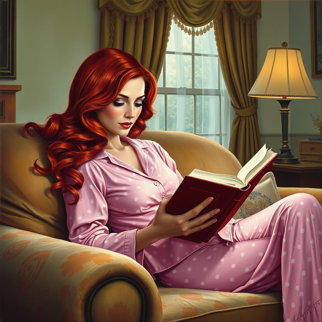 Elegant Woman in Vintage Pajamas Reads by Oil Lamp