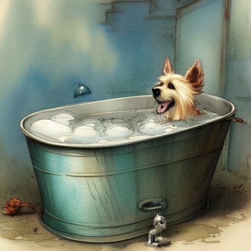 Dog's Delightful Bath: Watercolor in Fantasy Style