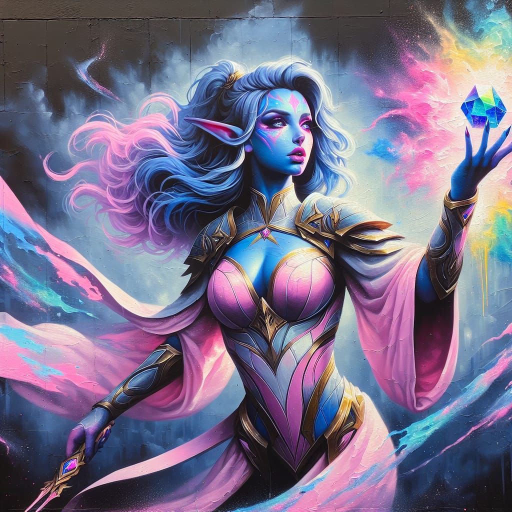 Tiefling Cleric Casts Rainbow Healing Spell in Street Art