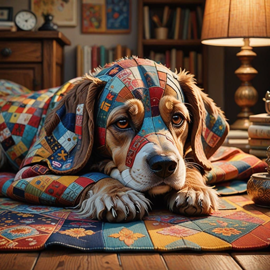 Vibrant Patchwork Dog in Cozy Folk Art Scene