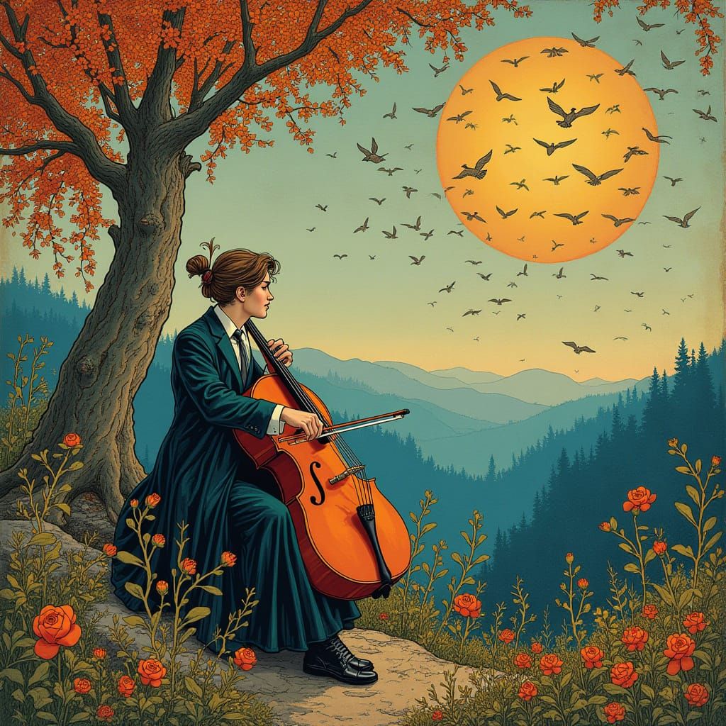 Cellist's Mournful Tune in Art Nouveau Style
