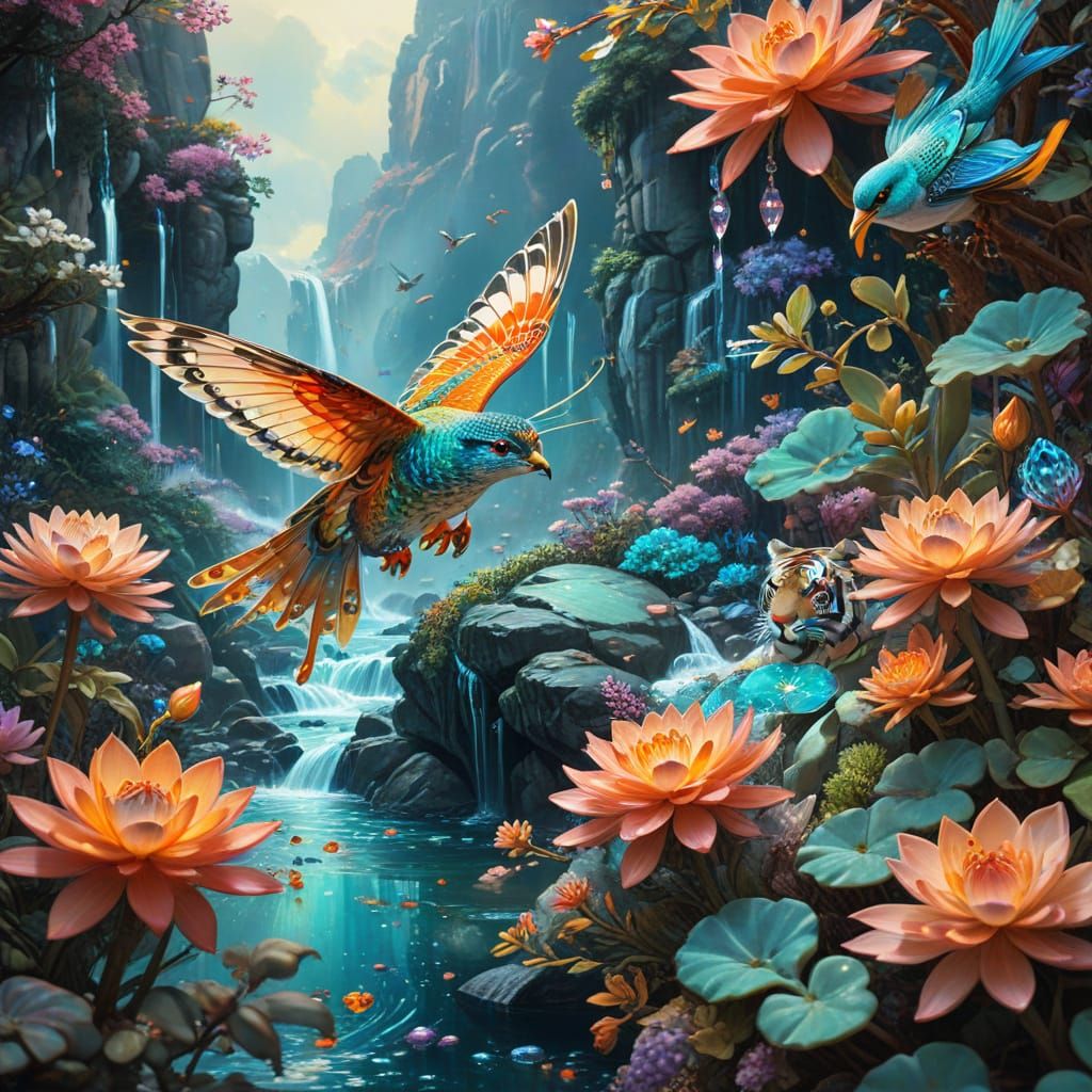 Japanese Scroll Art: Whimsical Ink Painting with Birds, Tige...