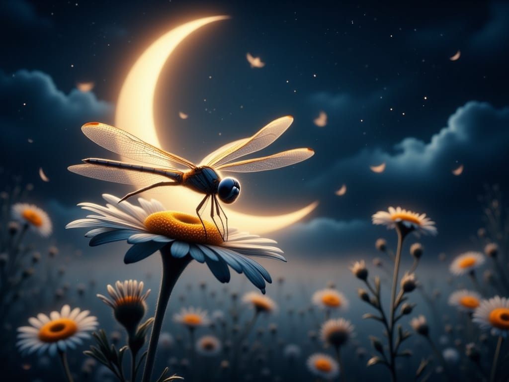Moonlit Dragonfly in Hyperrealistic Detail