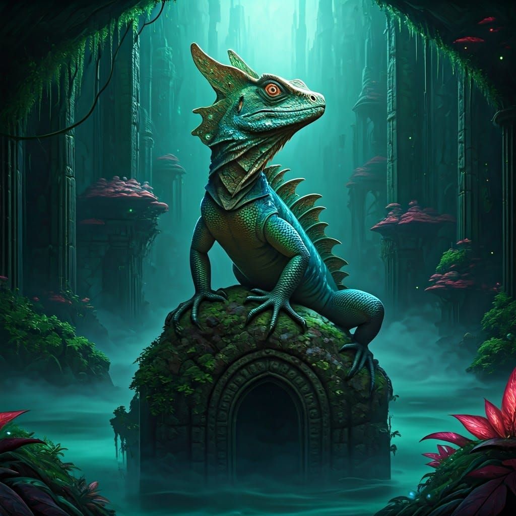 Basilisk-Draco Lizard Hybrid in Fantasy Landscape