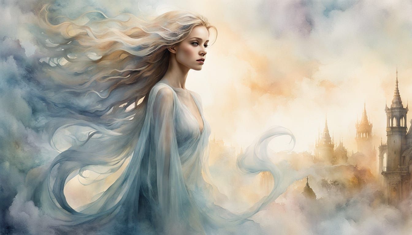 Goddess Emerging from Mist in Lost City, Inkpunk Watercolor ...