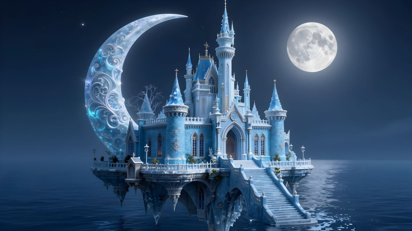 Ice-Blue Moon Castle City in Dreamy Fairytale Style