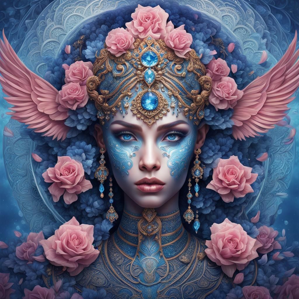 Goddess Portrait with Blue Eyes in Detailed Digital Art