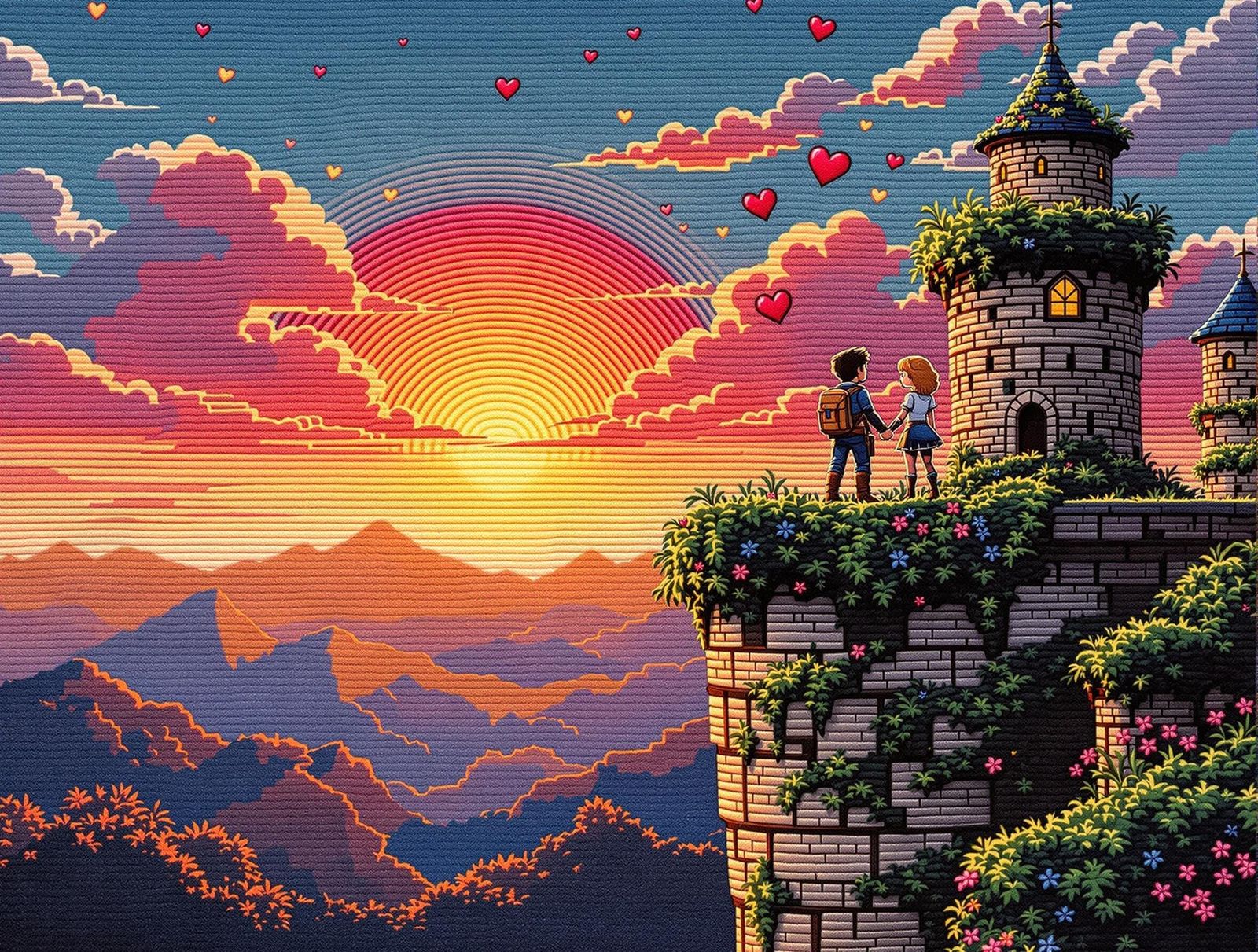 Pixel Art Tapestry: Adventurers at Sunset