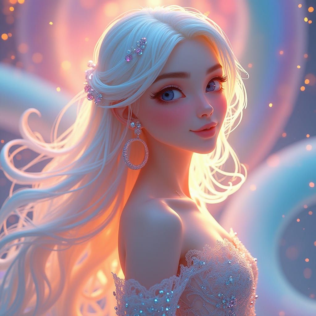 A lovely woman with pale skin, delicate features,  luscious, iridescent rainbow-hued locks flowing like silk, fully clad...