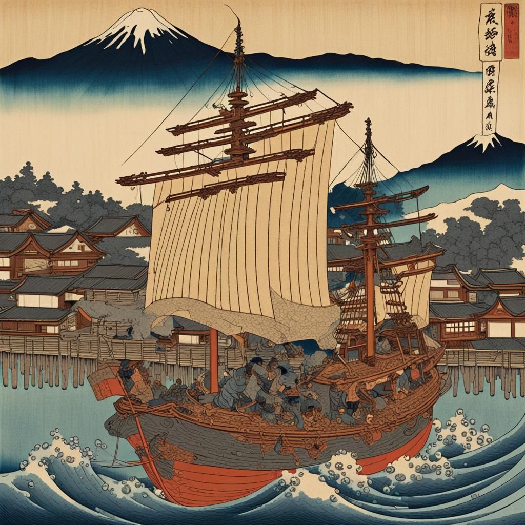 Enchanted Ship in Japanese Harbor: Ukiyo-e Woodblock Print
