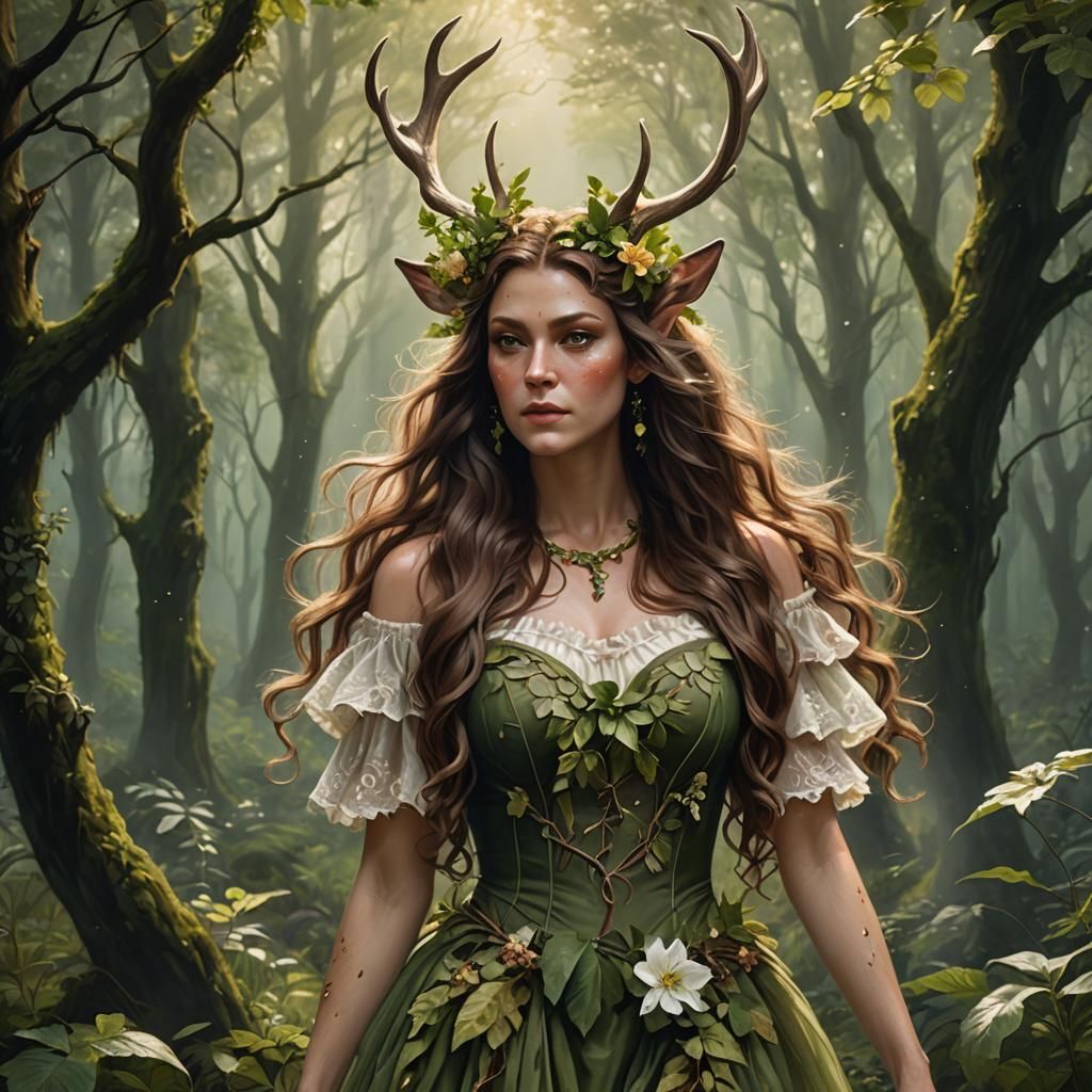 Female Satyr in Misty Forest: Hyperrealistic Oil Painting