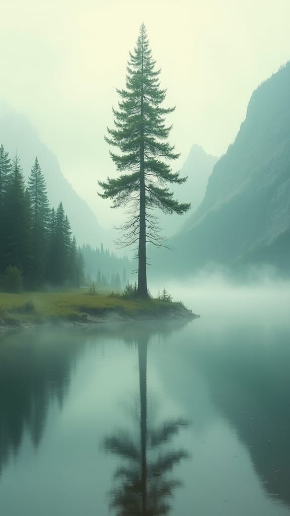 Misty Mountain Lake: Pine Tree Reflection, Bierstadt Style