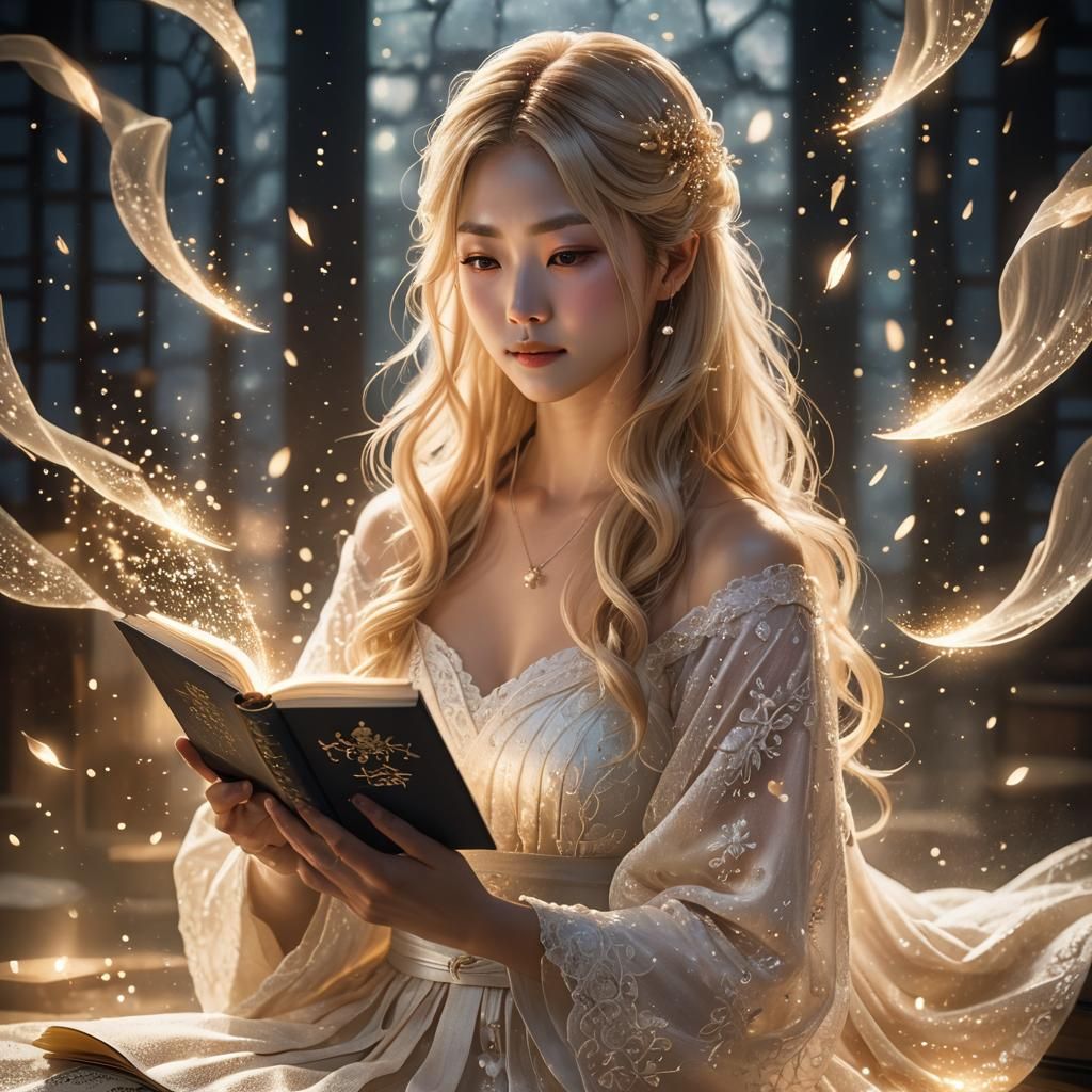 Japanese Woman with Glowing Book in Magical Forest