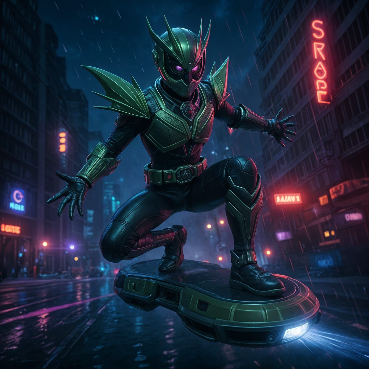 Purple Ranger on Hoverboard in Neon City