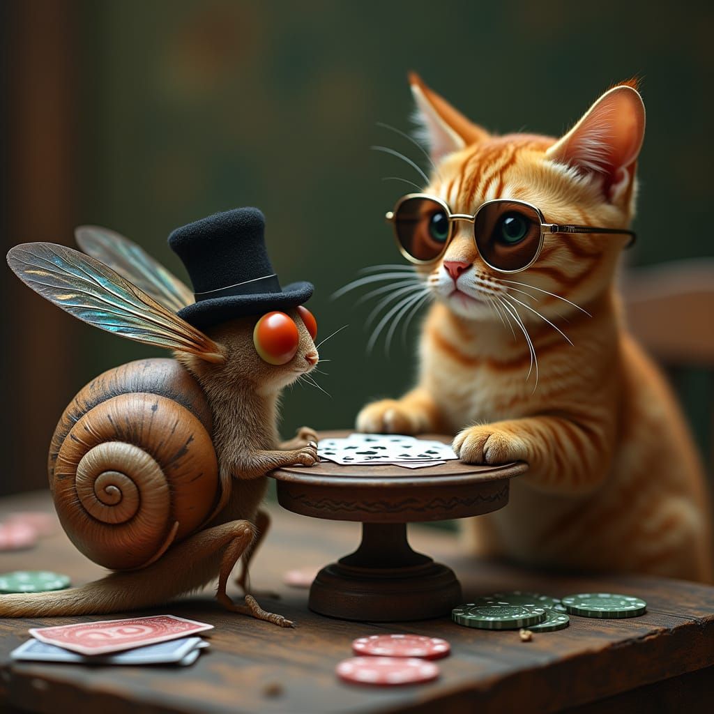 Whimsical Card Game Scene with Snail, Fly, and Ginger Cat
