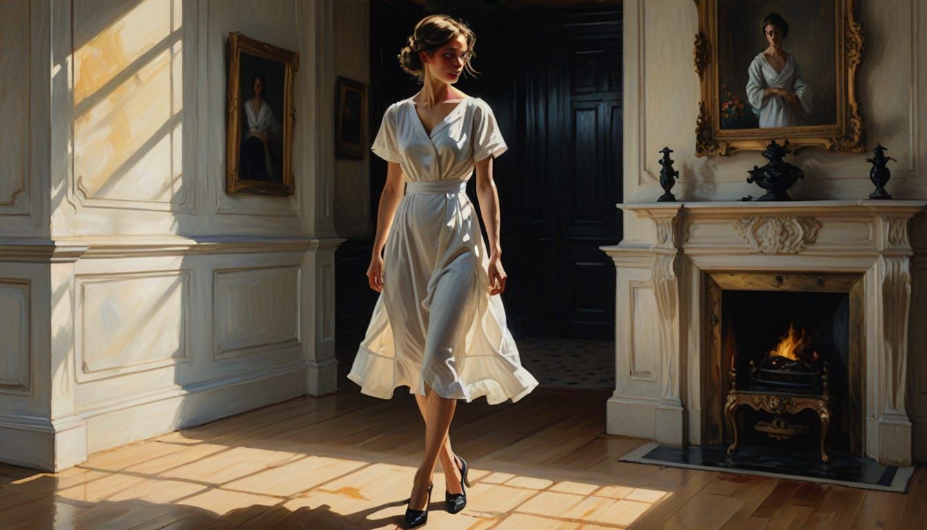 Woman in White Dress: Classical Realism Splash Art