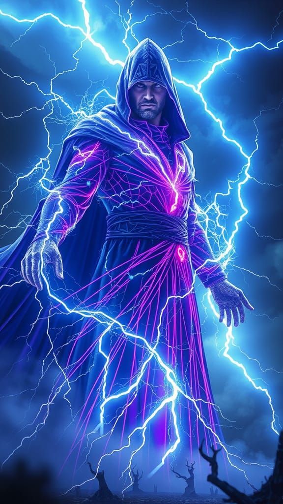 Electric Warlock Summons Lightning in Dark Fantasy Landscape