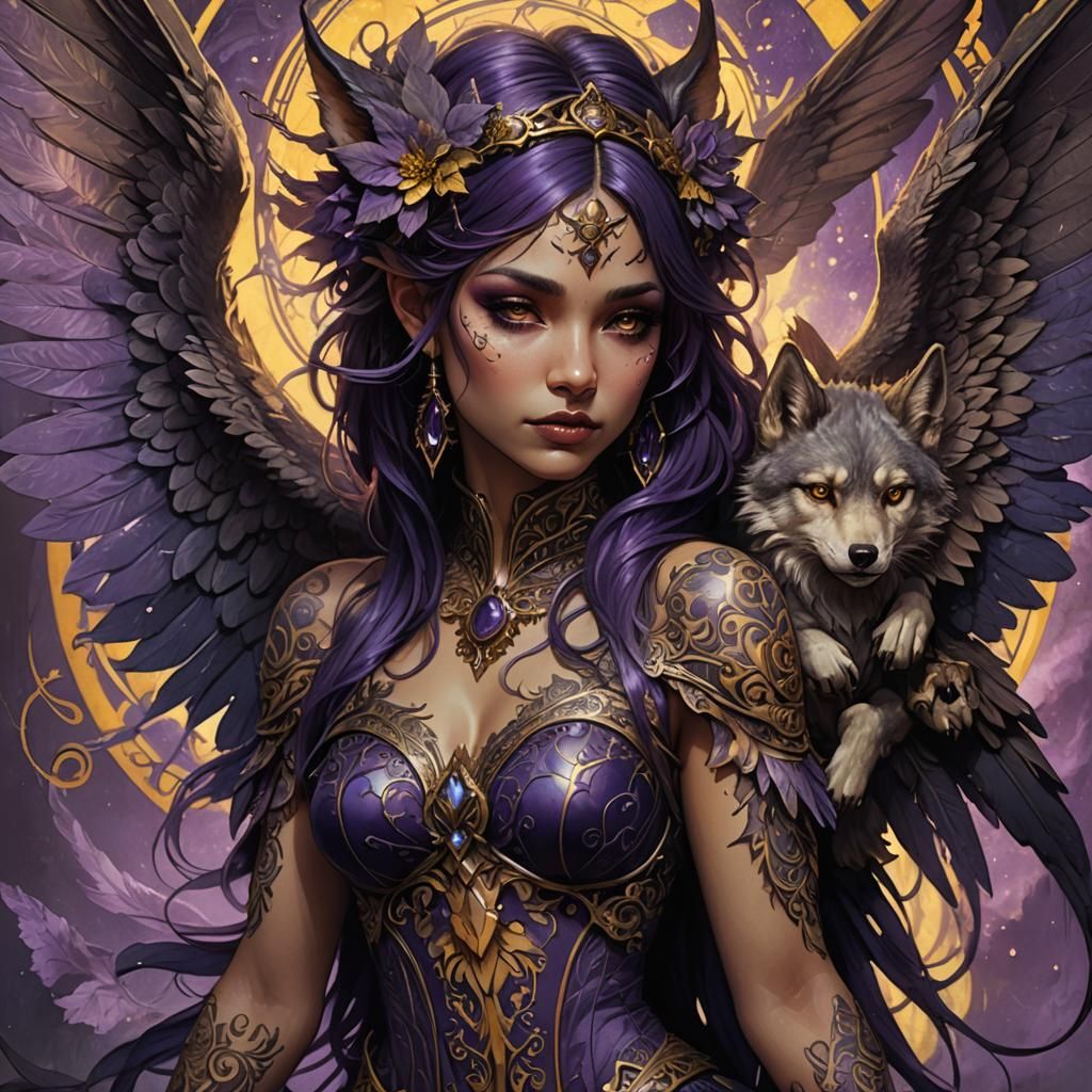 Faerie Embracing Wolf in Dark Fantasy Style