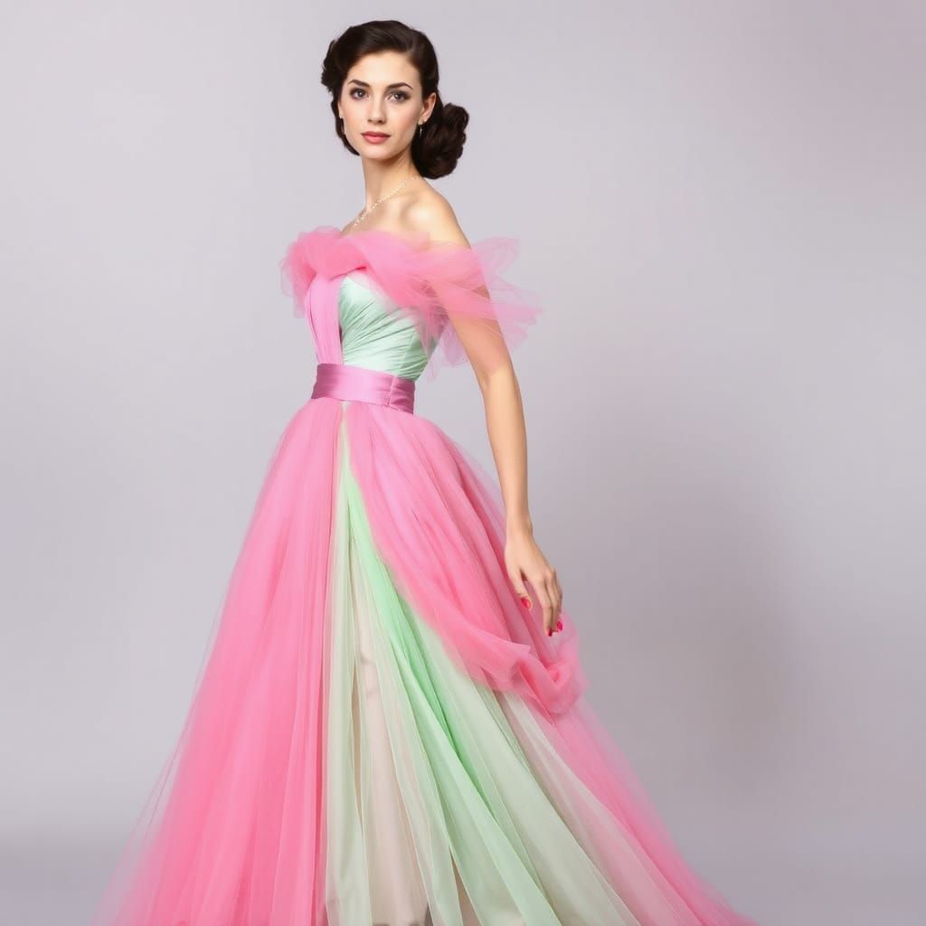 Brunette Model in 1950s Pink Silk Organza Gown