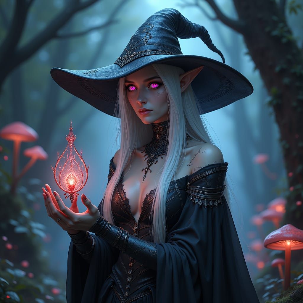 Female Drow elf, OPALESENT Priestess of Lolth, Long wavy braided WHITE hair, pink eyes, dark gray skin, very revealing l...