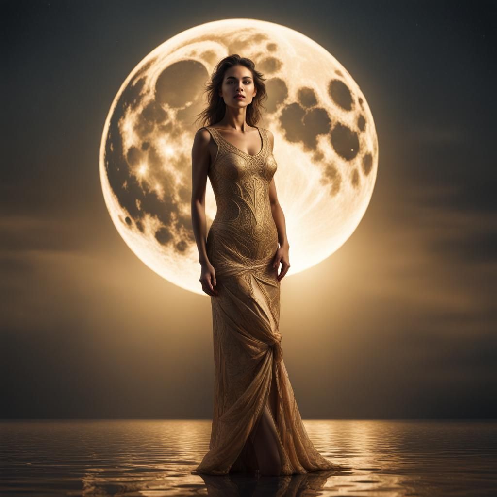 Woman in Moonlight: Hyperrealistic Dreamscape