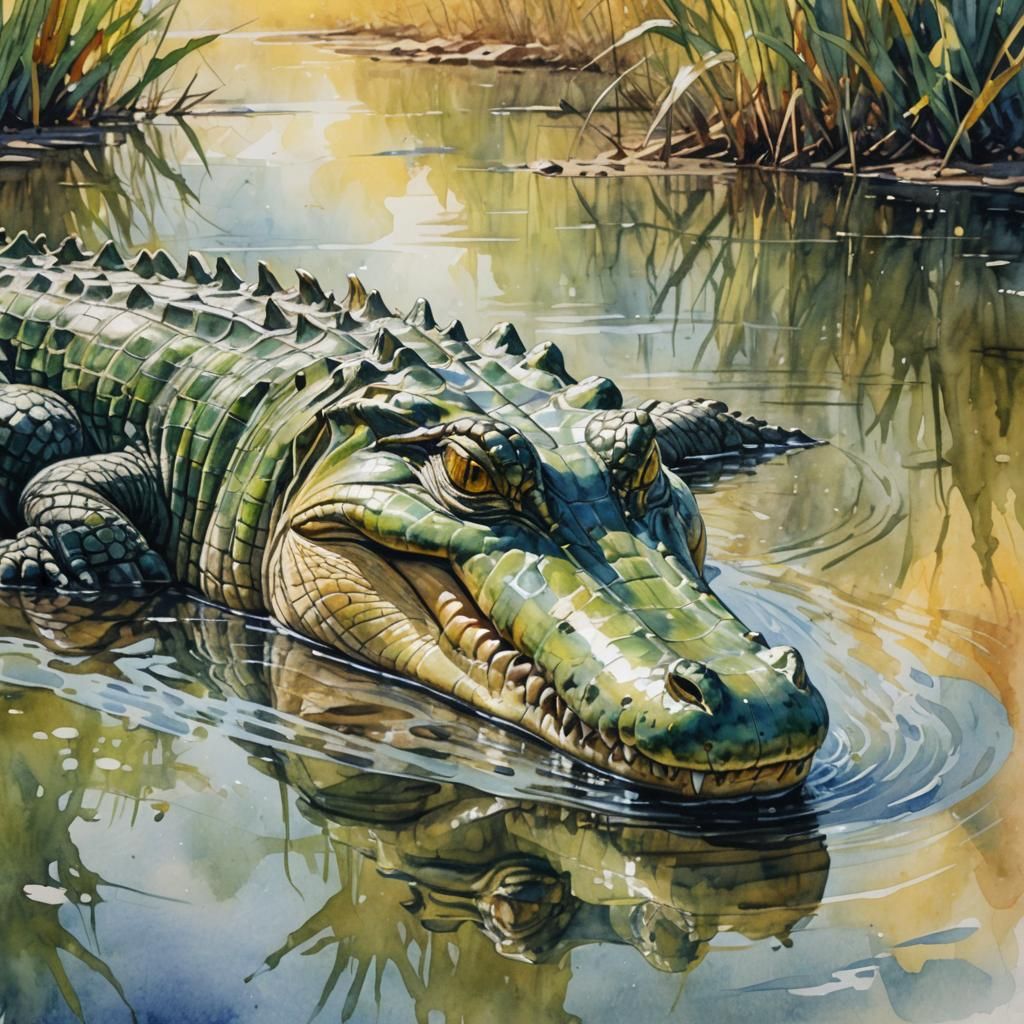 Crocodile Portrait in Watercolor Style
