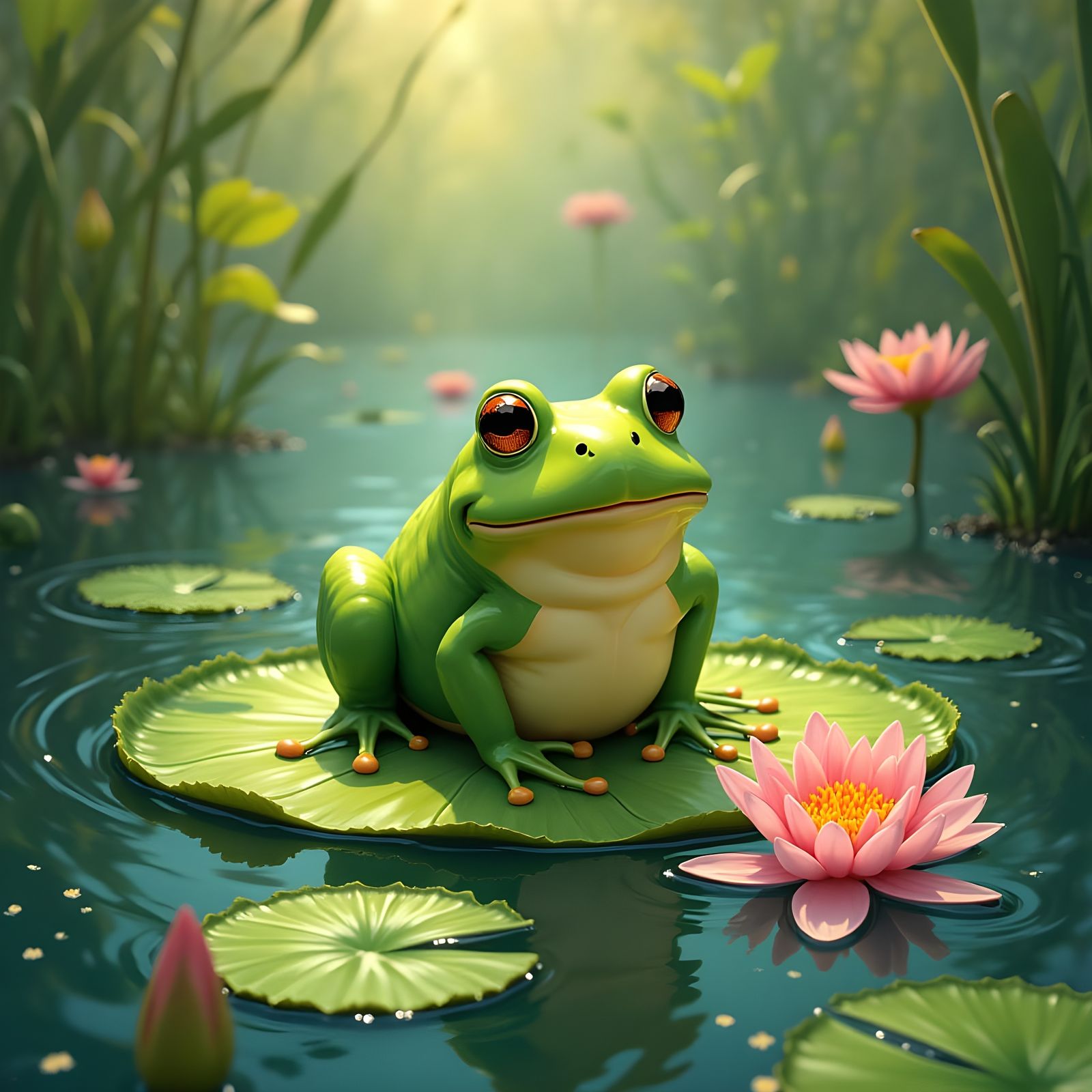 Emerald Green Amphibian Rests on a Vibrant Lily Pad