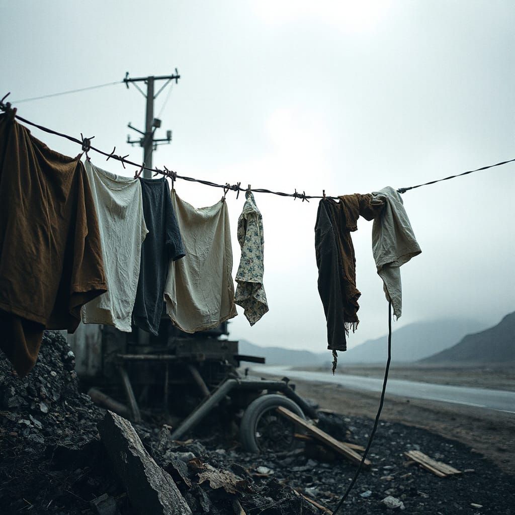 Dystopian Laundry on Barbed Wire in Digital Art Style