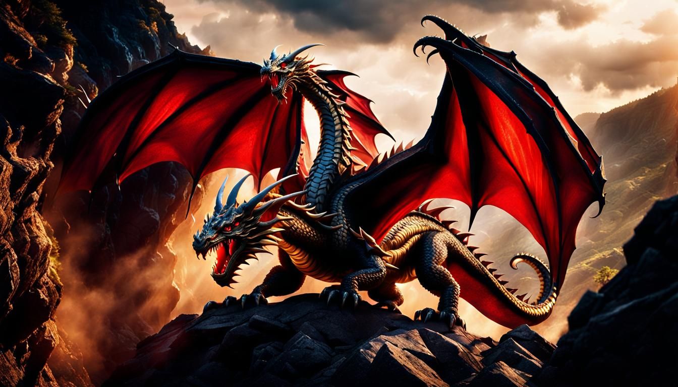 Three-Headed Dragon Emerges from Mountain Cave