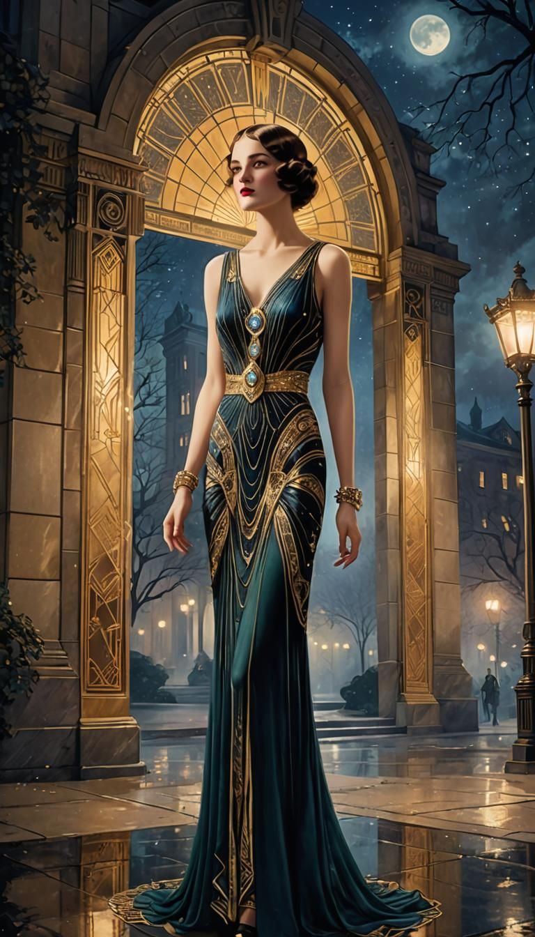 Art Deco Woman Gazing at 1920s Splendor