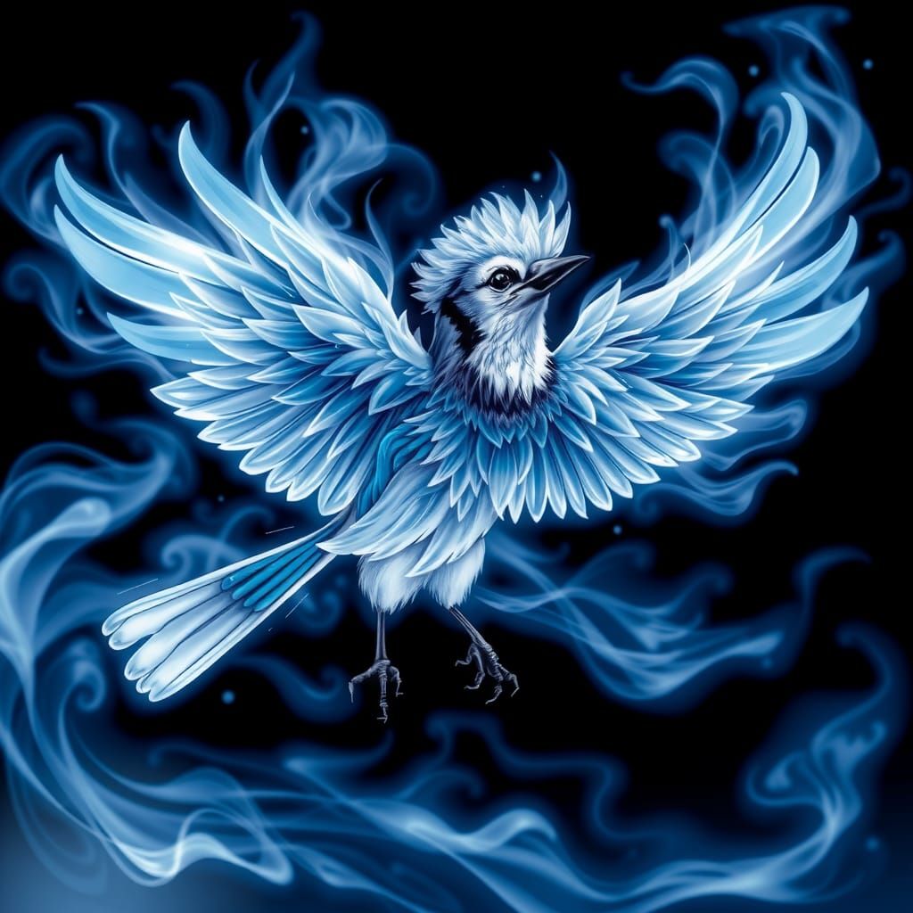 Fiery Blue Jay in Flight: A Dynamic Flame Bird