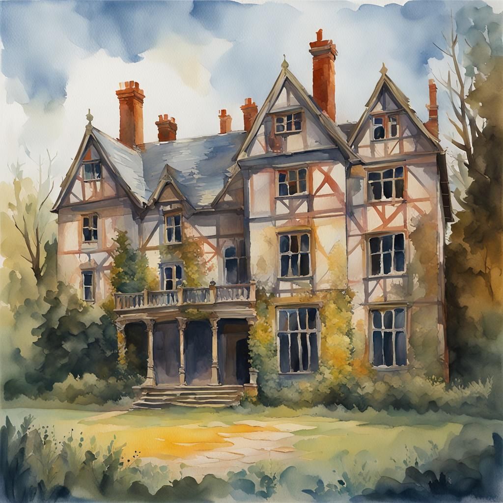 Derelict Manor House with Ghosts in Gouache Style