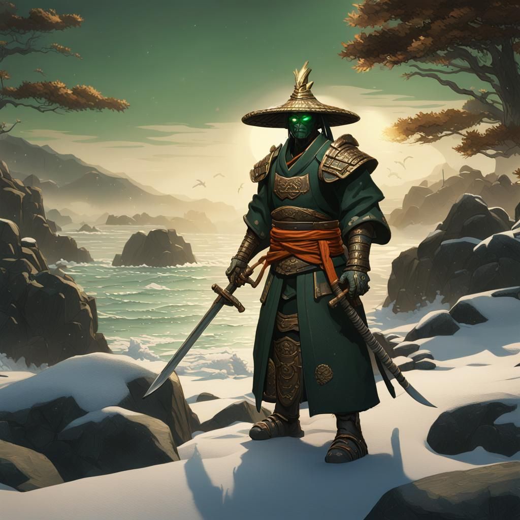 Warforged Samurai on Snowy Coast: Dark Fantasy Art
