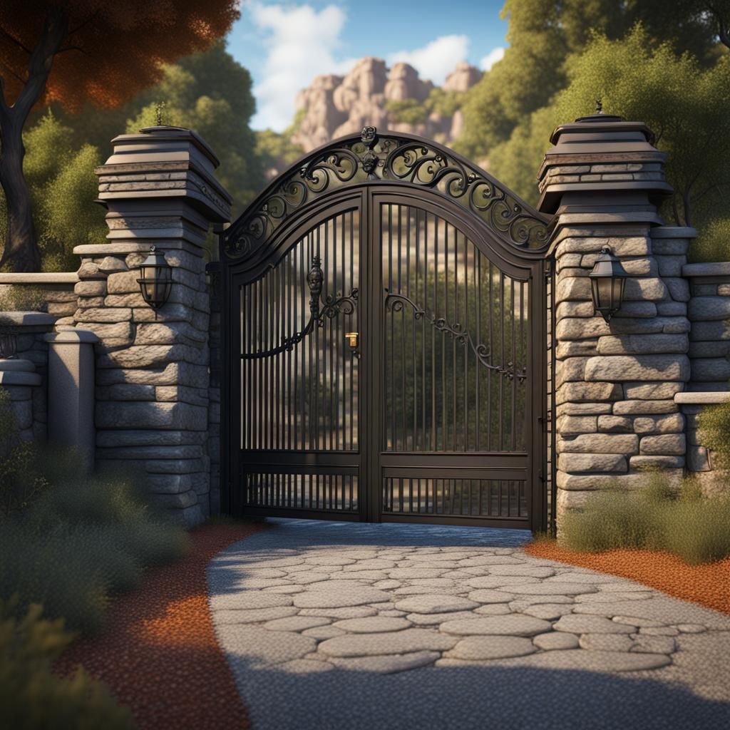Modern Gated Entrance with Stone Walls