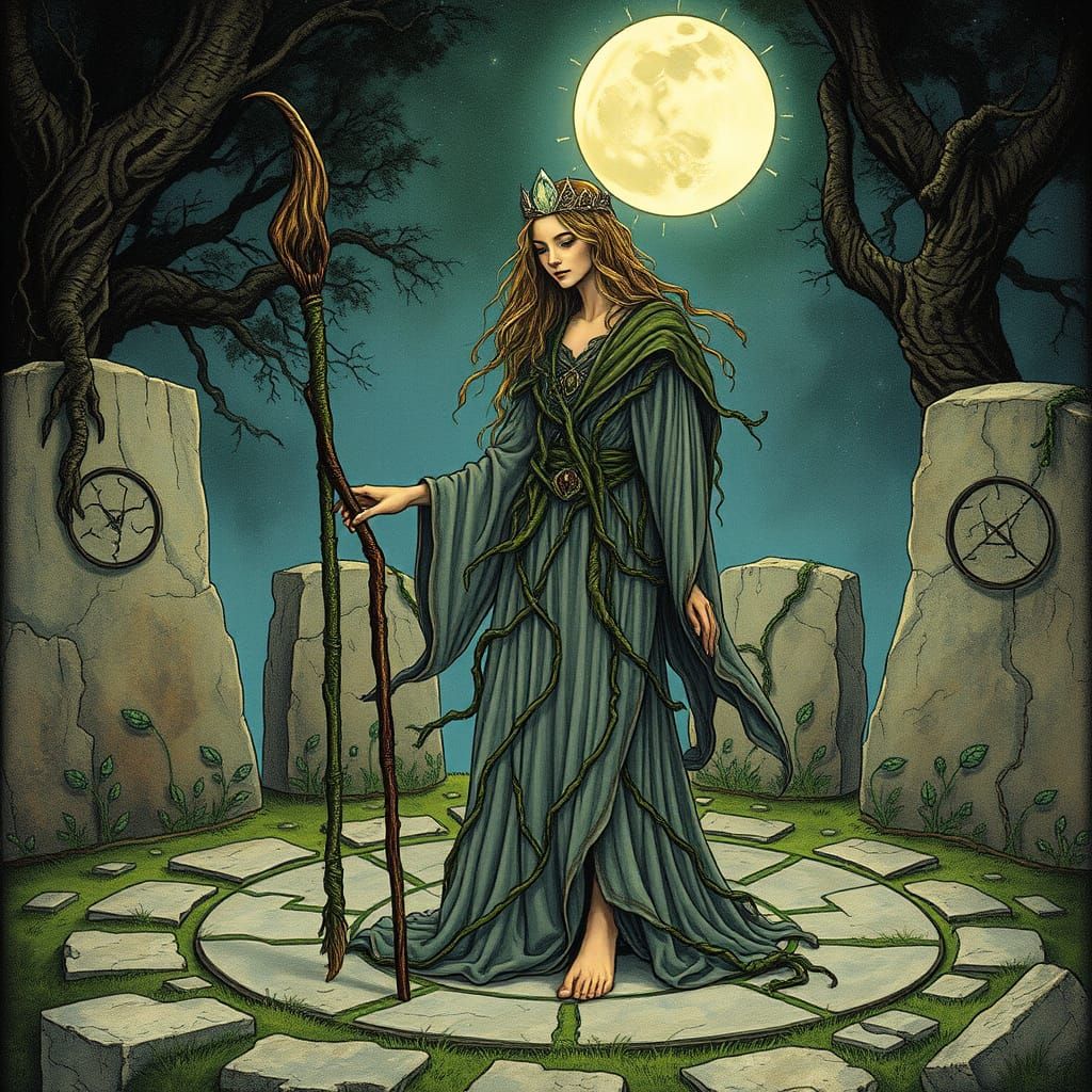 Druidess in Stone Circle Under Moonlight, Art Nouveau Style