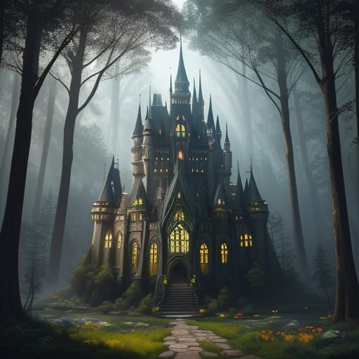 Enchanted Forest Scene Through a Vibrant Stained Glass Windo...