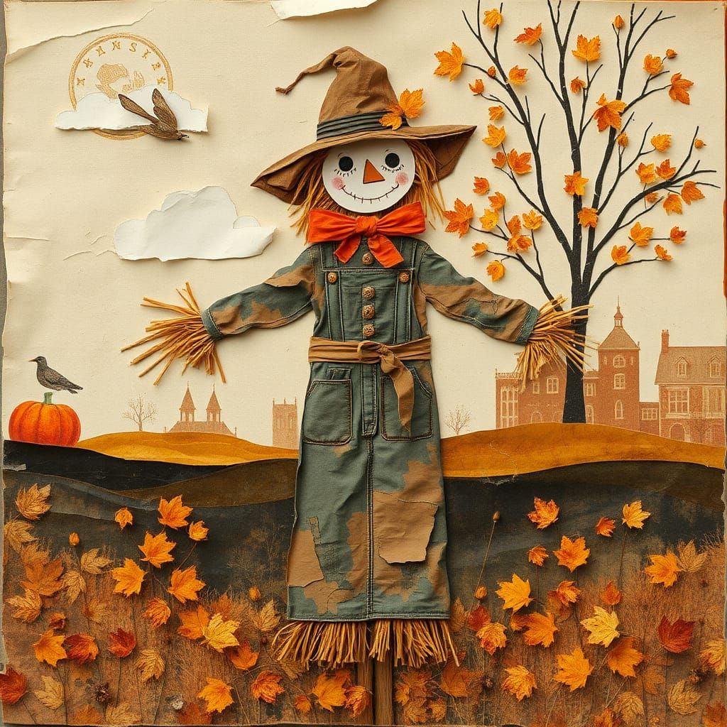 Scarecrow Collage in Autumn Landscape