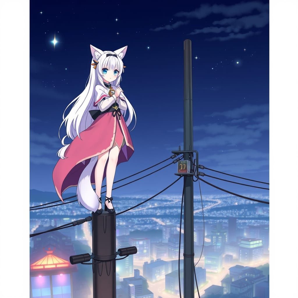 Kitsuwolfie Magical Girl Stands Guard Over the City