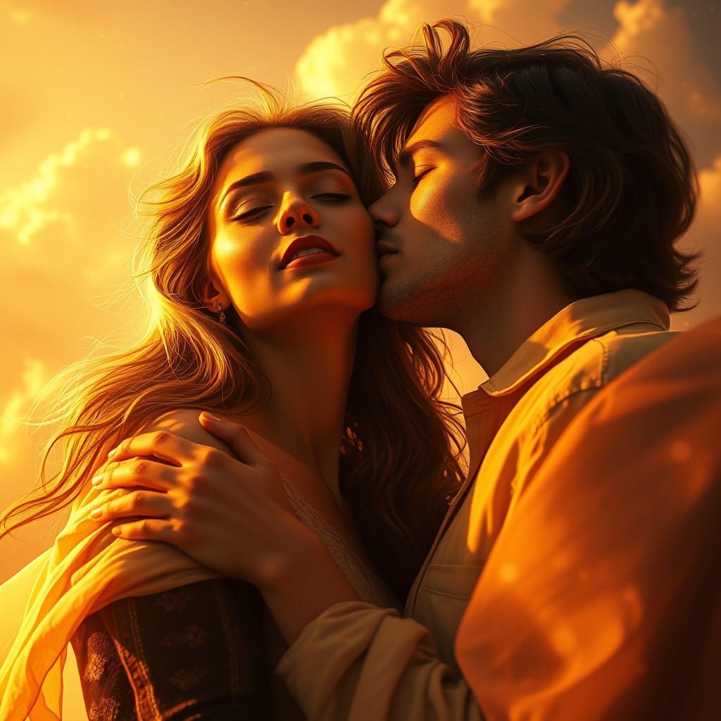 Tender Couple Lost in Golden Dreamscape