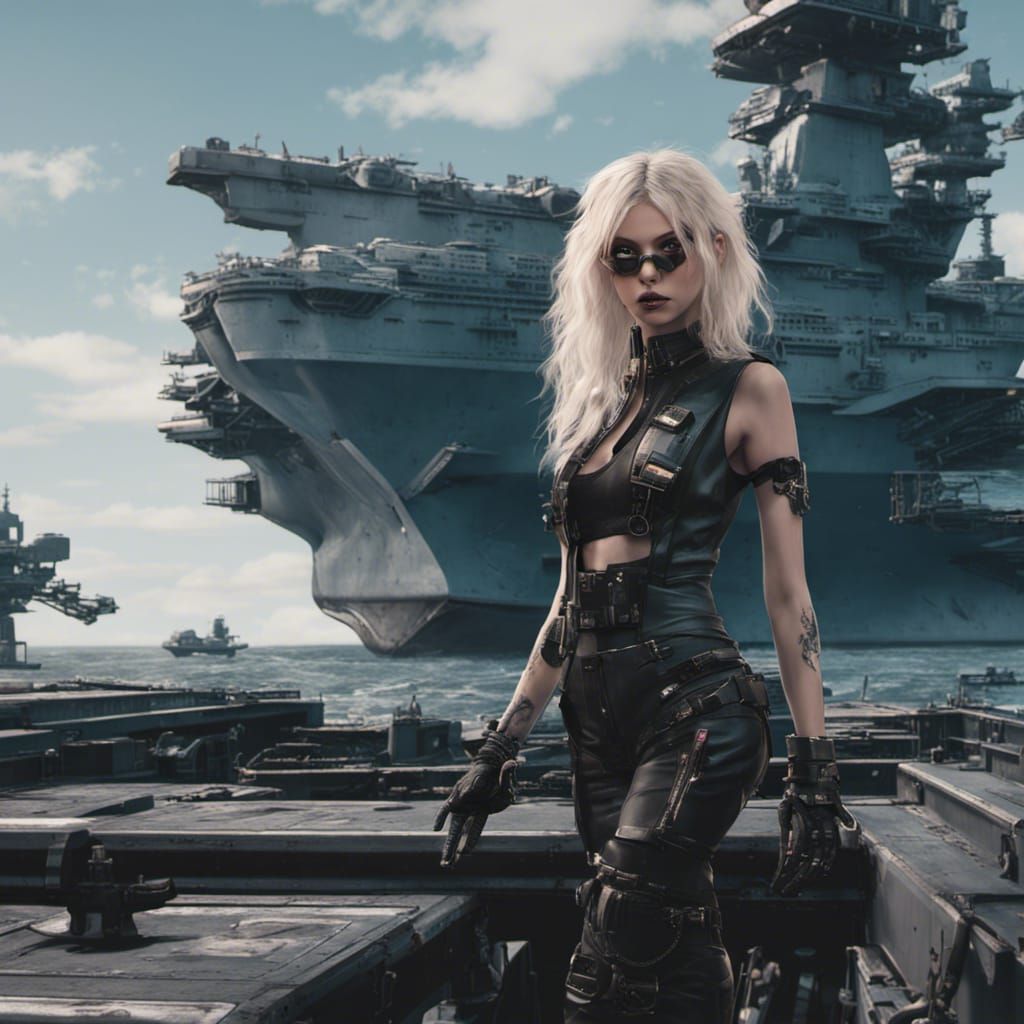 Cyberpunk Woman on Aircraft Carrier: Detailed Matte Painting