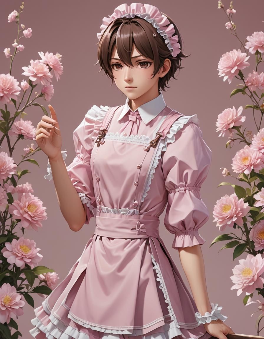 Anime Boy in Pink Maid Dress: 3D Render