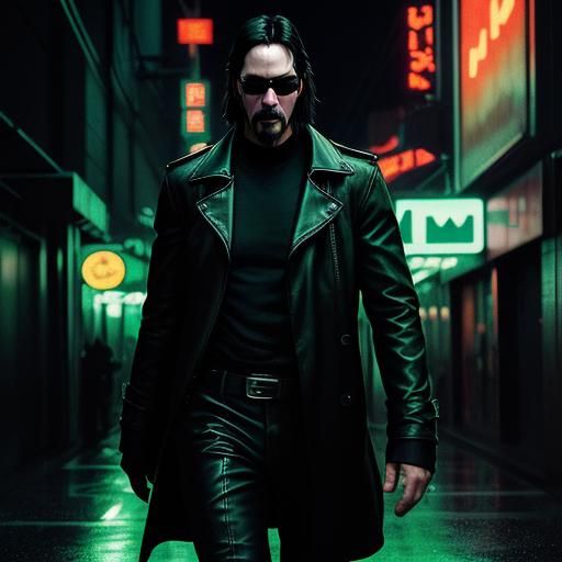 Neo in Rainy Cyberpunk City, Film Noir Style