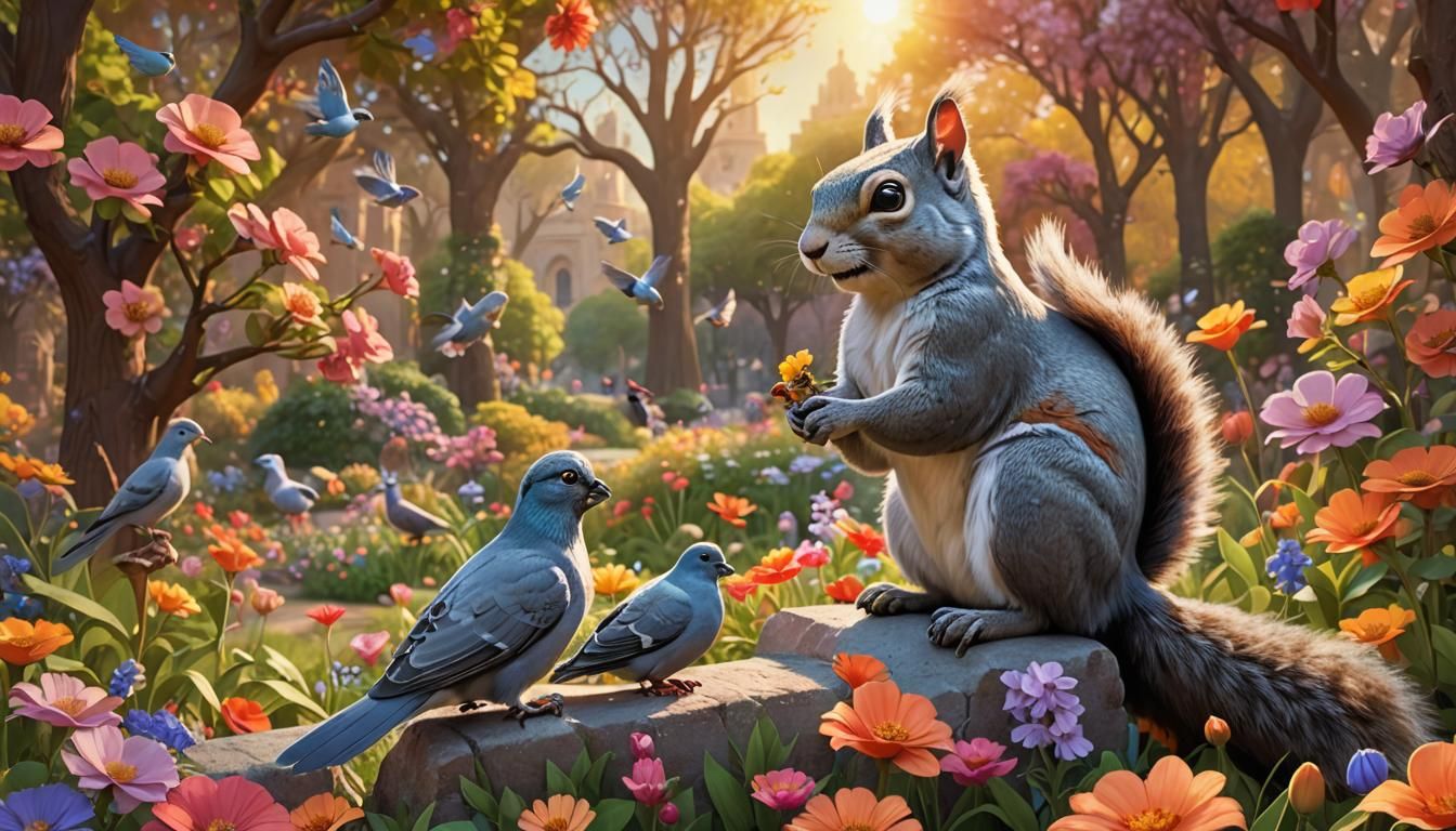Squirrel and Pigeon in Sun-Drenched 3D Render